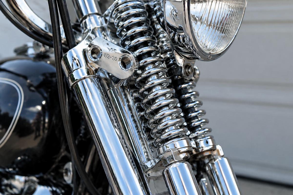 Close up of chrome finish and 1/2-20 riser mount threads on narrow springer fork