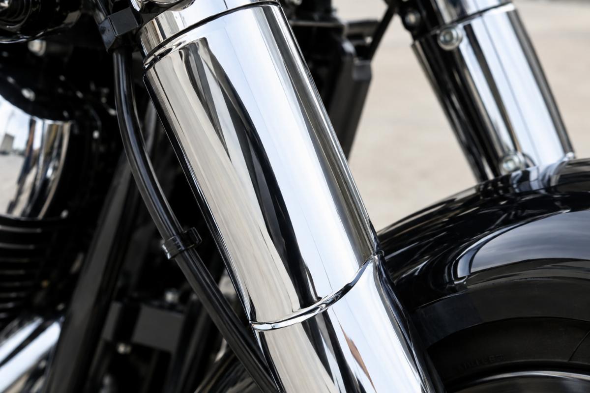 Close up of chrome finish on the front panel of the fork cover kit