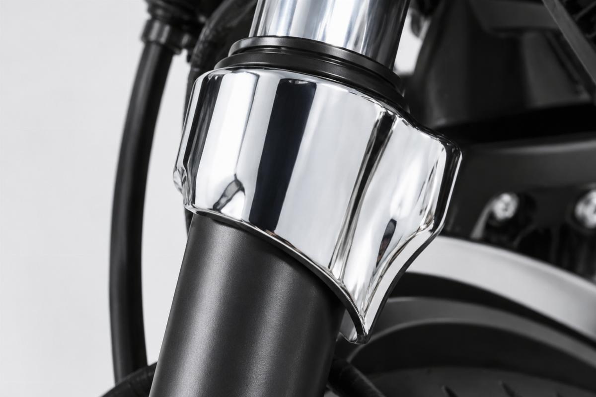 Close up of chrome finish on upper dust shield for smoothie fork
