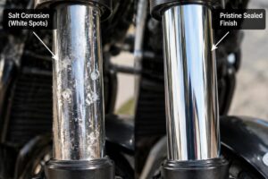 Close-up of chrome fork tubes showing white salt corrosion spots versus pristine sealed finish