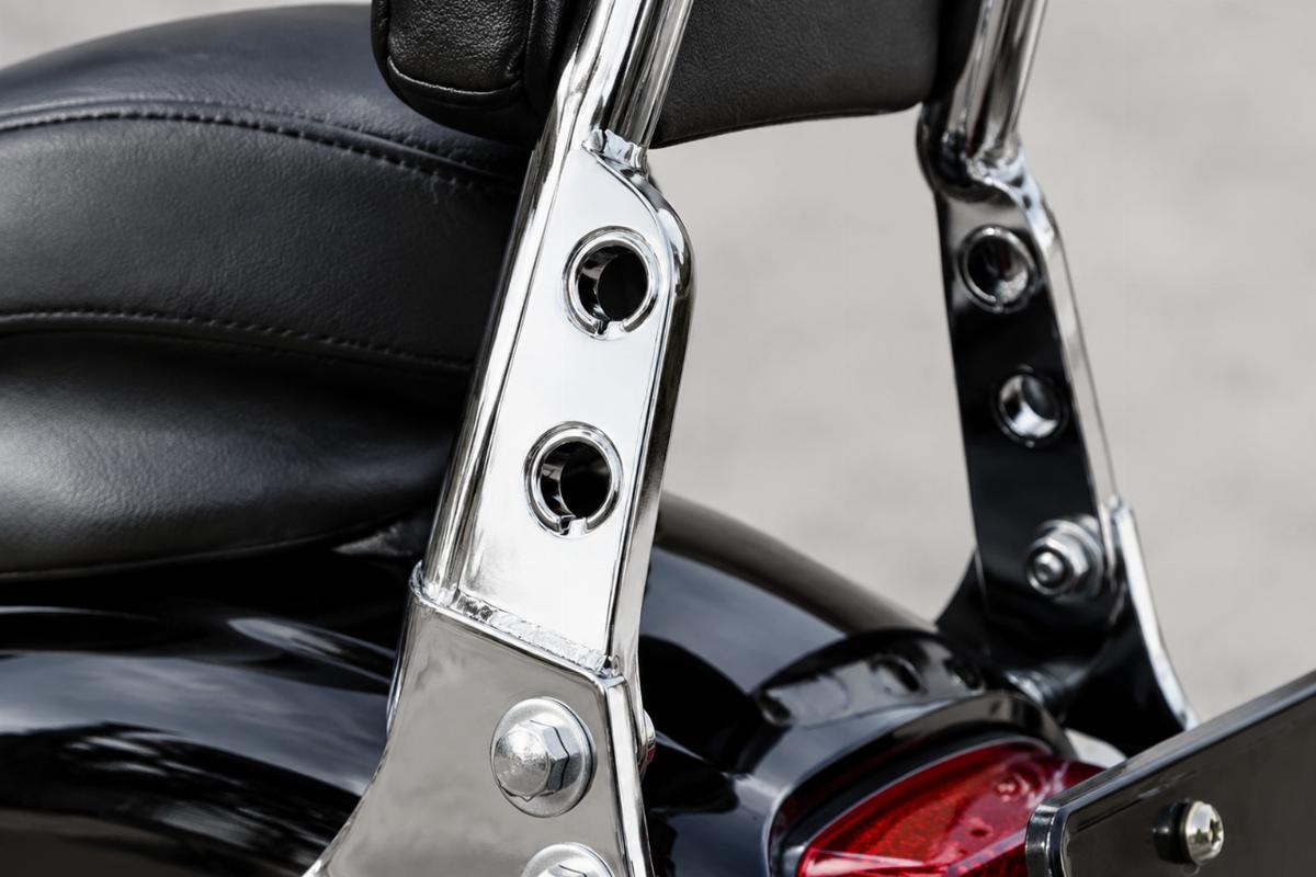 Close-up of chrome hardware and integrated bungee hook holes on the sissy bar