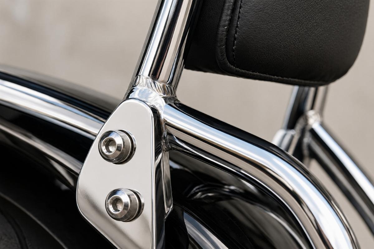 Close up of chrome hardware and TIG welds on sissy bar