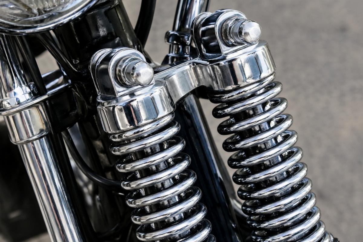 Close up of chrome mount brackets on springer fork shock assembly