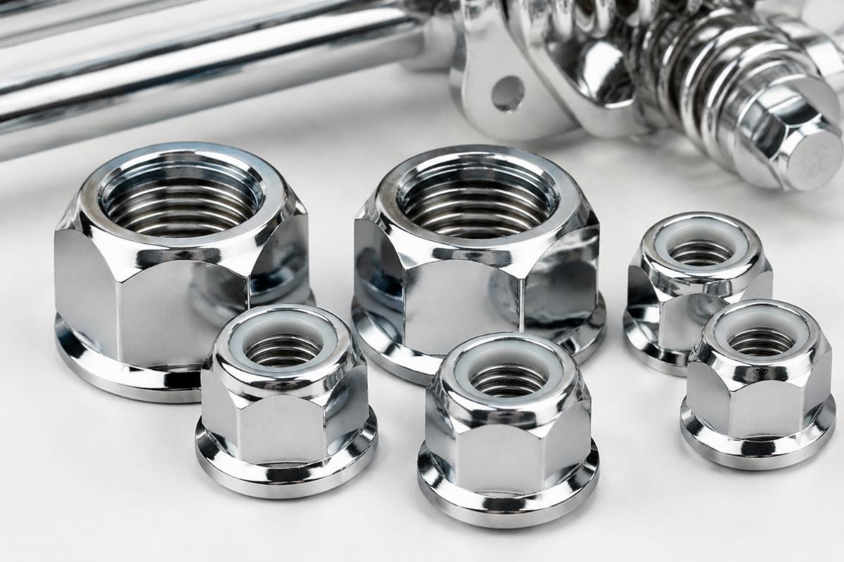 Close up of chrome nuts included in the wide style springer axle kit