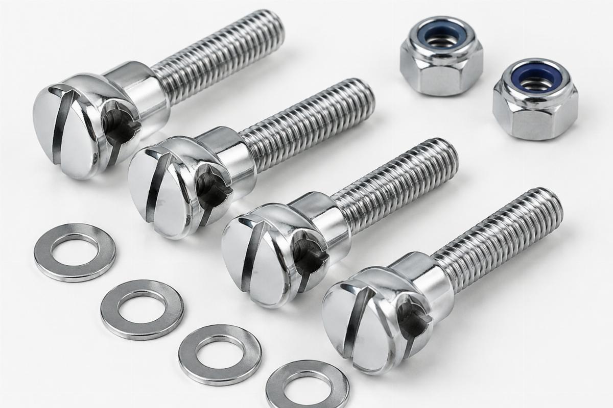Close up of chrome pinch bolts included with the top tree kit