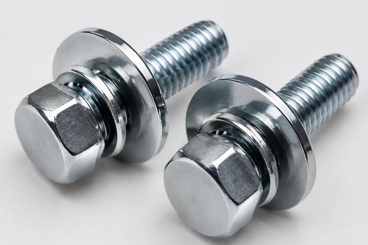 Close up of chrome plated bracket bolt washers pair