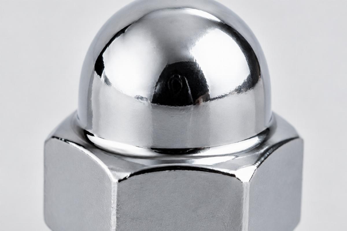 Close up of chrome plated finish on acorn head stem nut