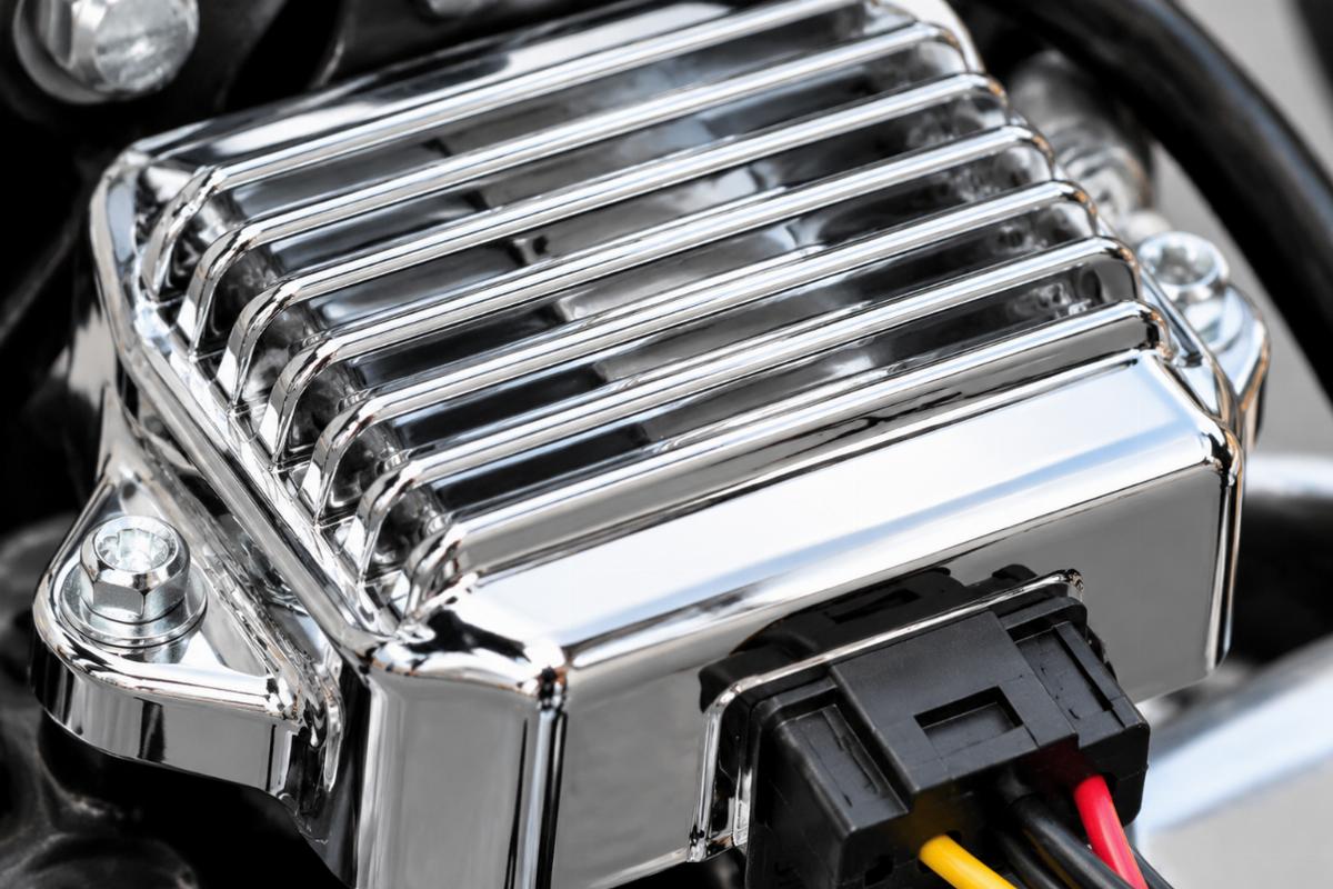 Close up of chrome plated finish on the regulator rectifier housing