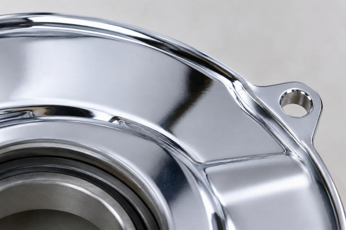 Close up of chrome plated finish on upper bearing dust shield