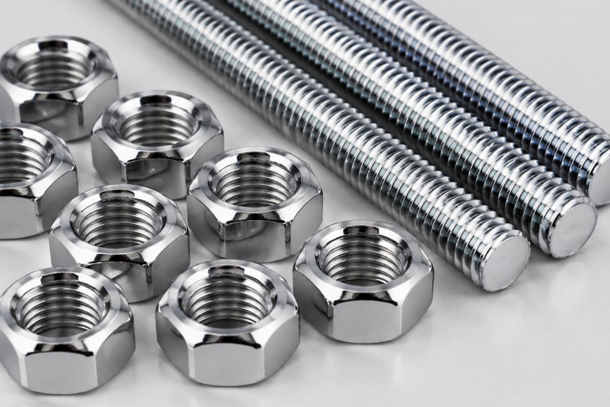 Close up of chrome plated nuts and rod threads included in the kit