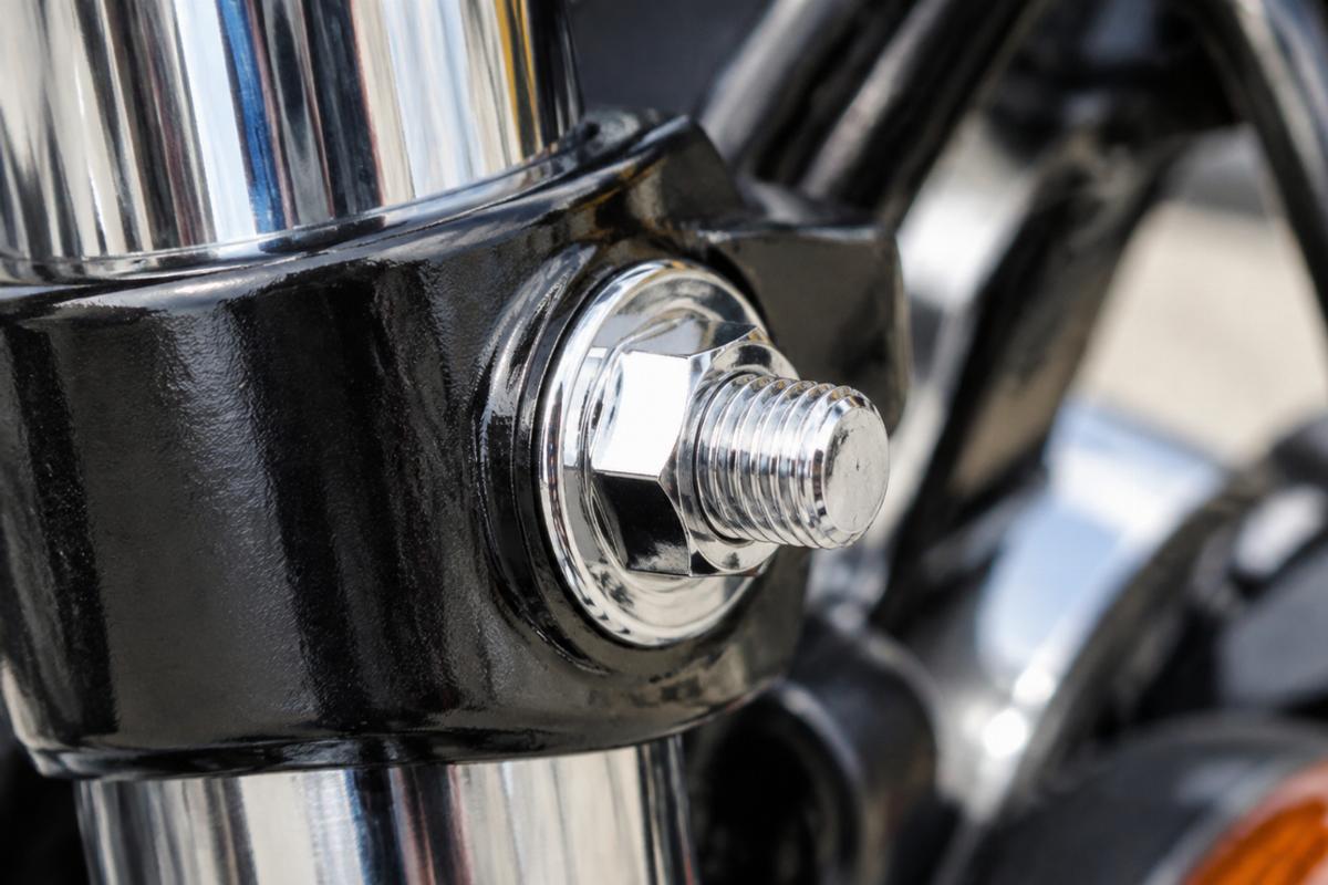 Close up of chrome plated threads on fork tube upper bracket bolt