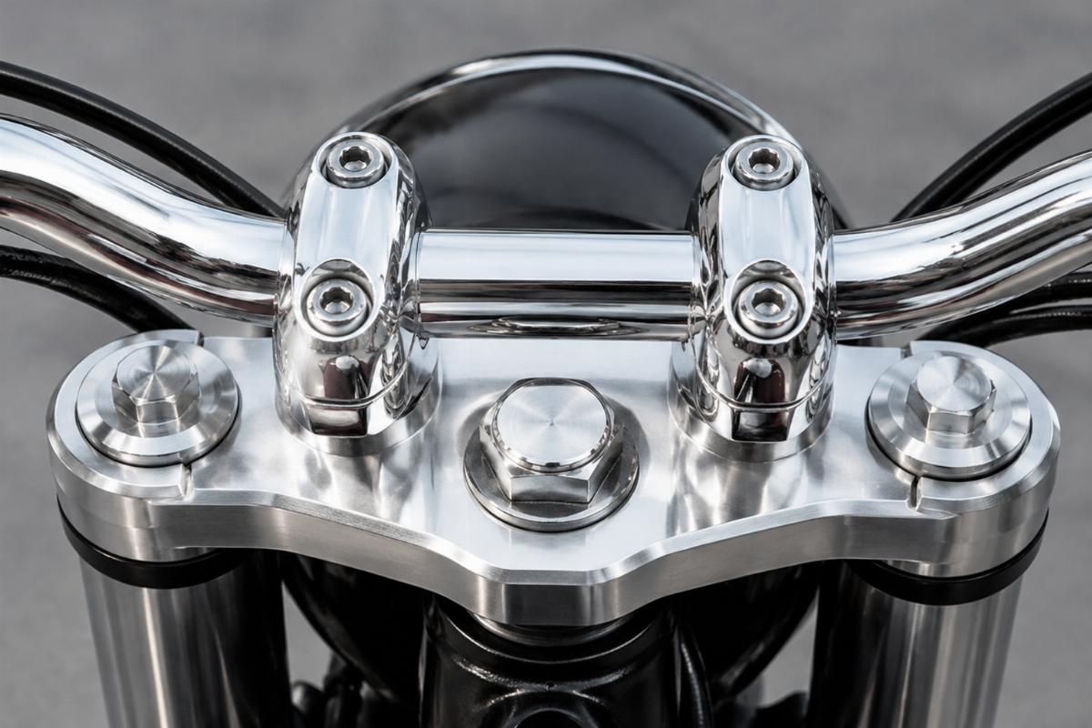 Close up of chrome rockers and top tree without ears