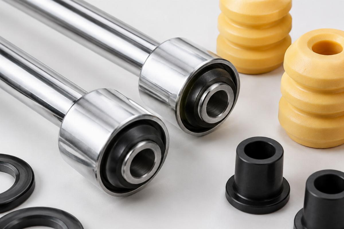 Close-up of chrome spring rod bushings and travel bumpers from the hardware kit