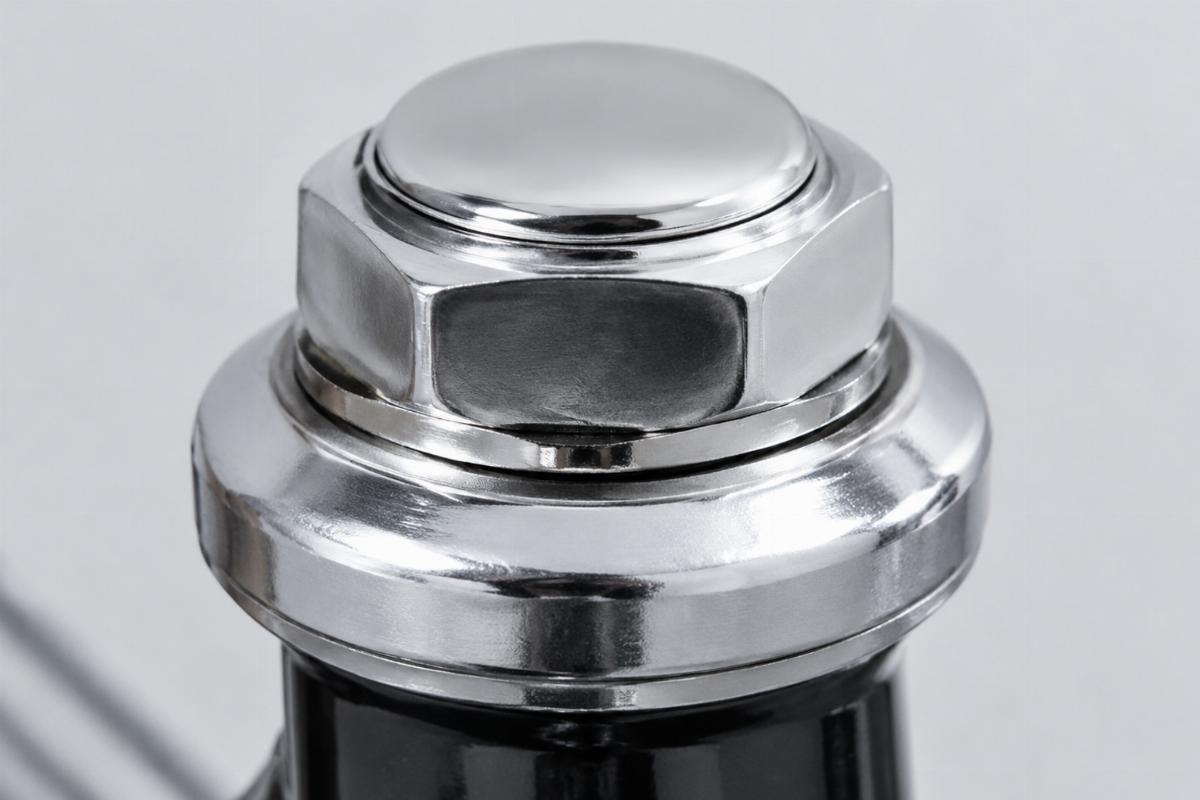 Close up of chrome top nut with pressed dust cover and upper race