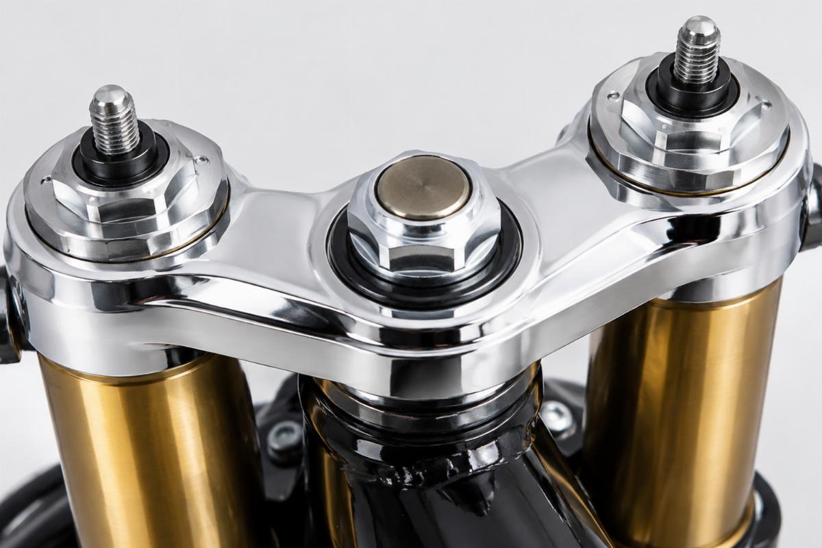 Close up of chrome top tree and rocker studs on sample fork assembly