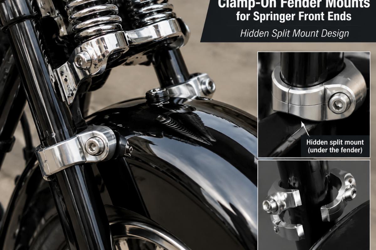 Close-up of clamp-on fender mounts for springer front ends showing hidden split mount design