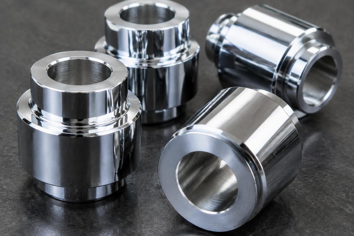 Close up of CNC machined billet aluminum fender spacers with chrome plated finish