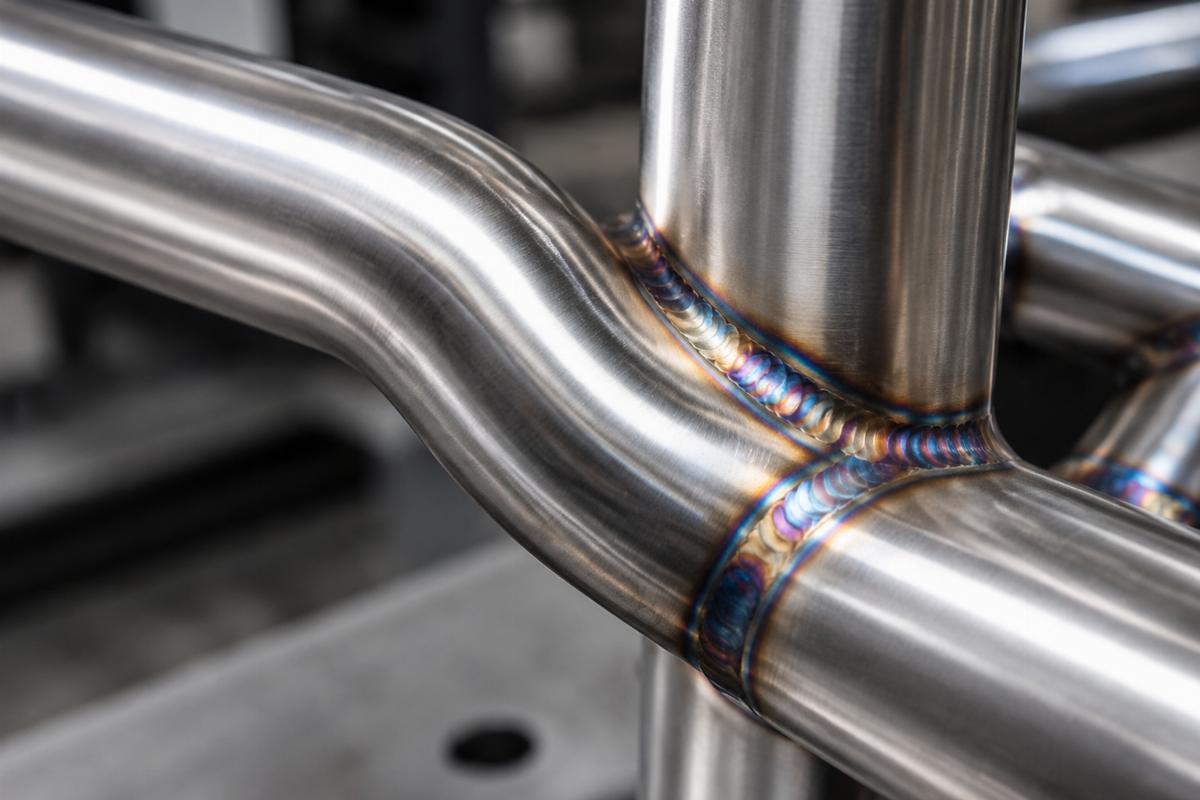 Close up of CNC-mandrel bent steel tubing and TIG welded joints