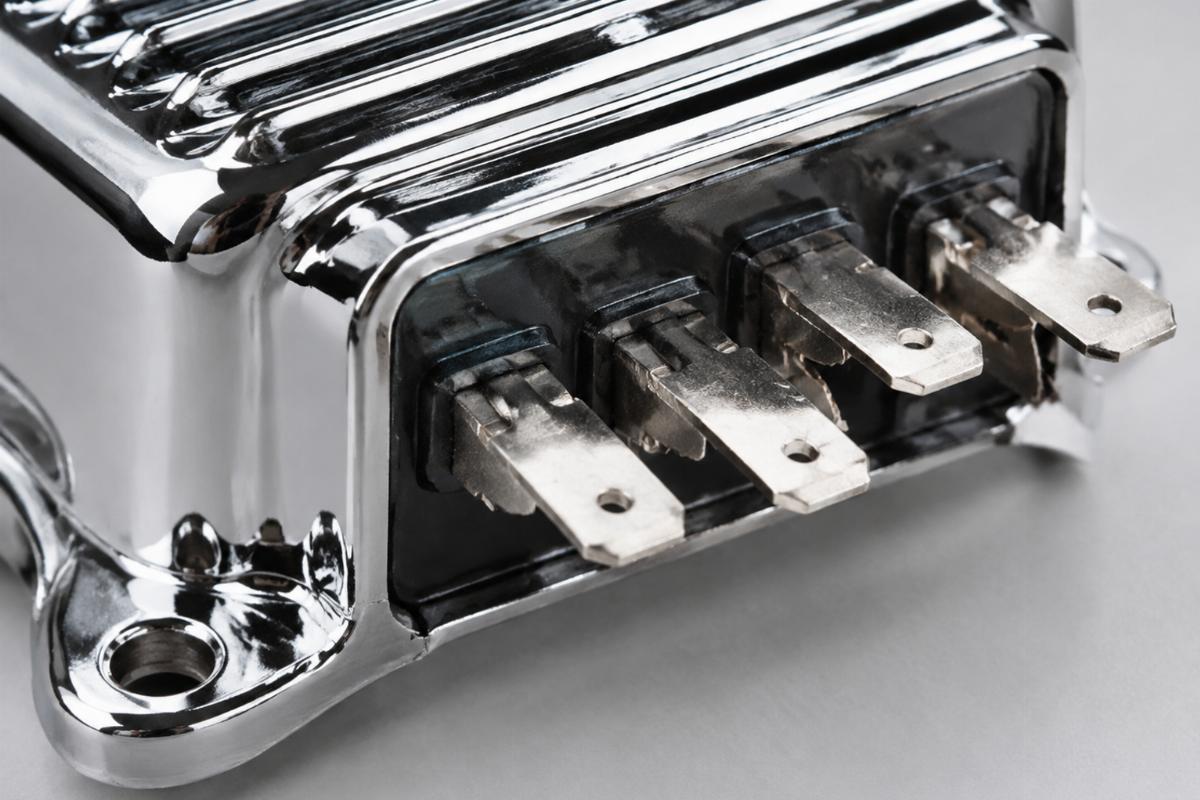 Close up of connector terminals on chrome plated regulator