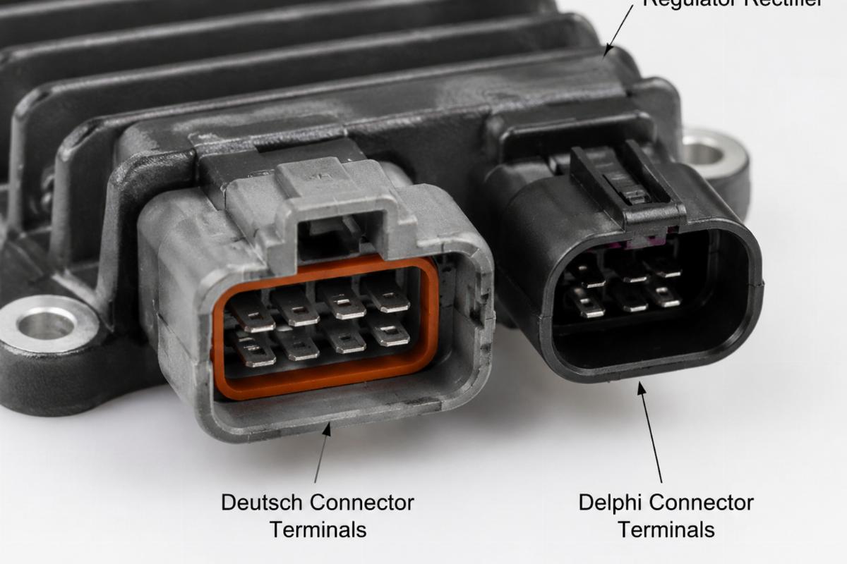Close up of Deutsch and Delphi connector terminals on the regulator rectifier