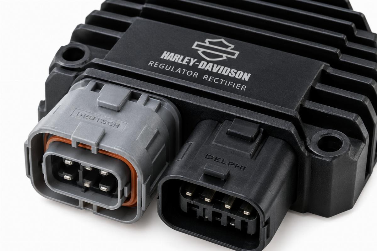Close-up of Deutsch and Delphi connectors on a black anodized regulator rectifier for harley-davidson