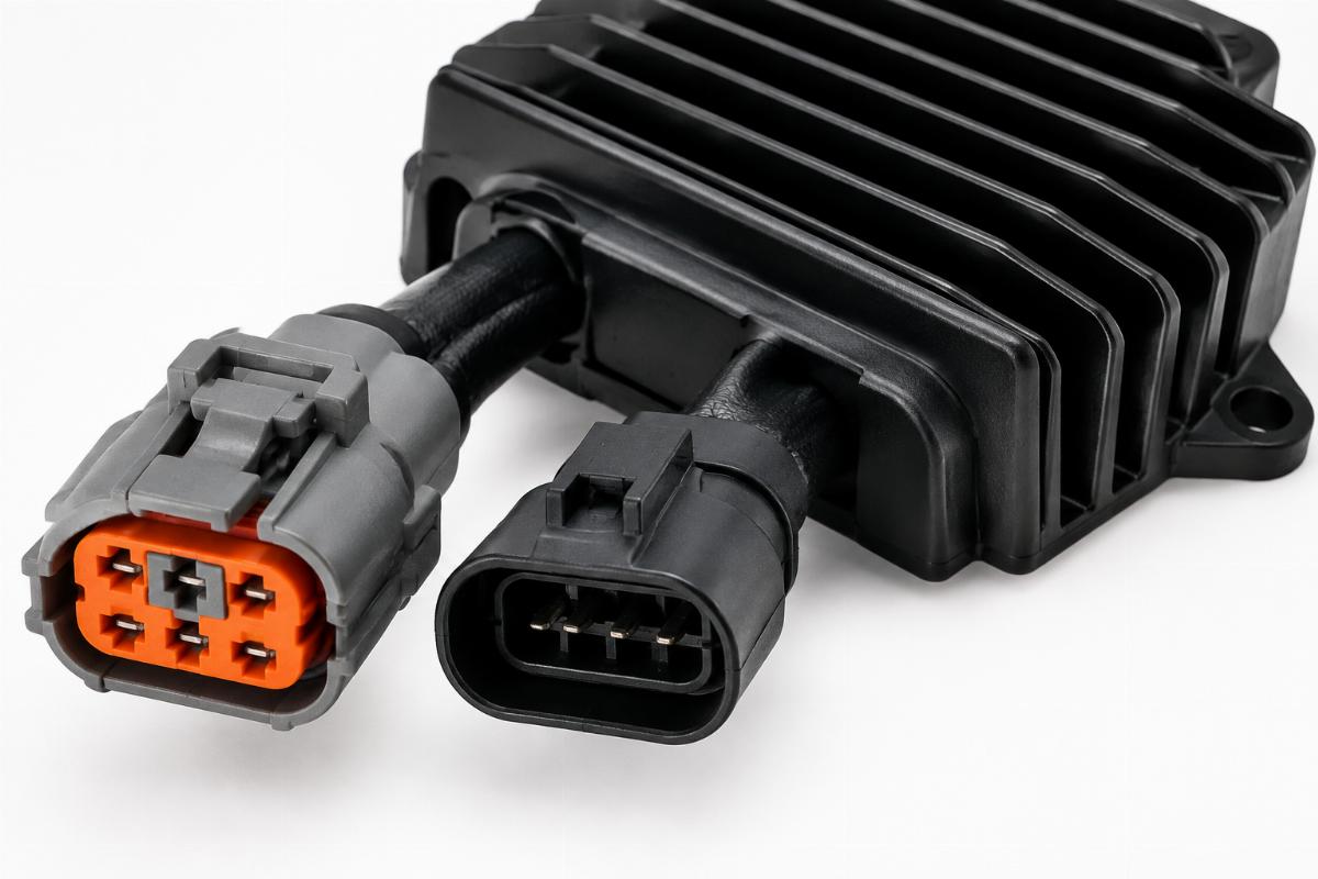 Close-up of Deutsch and Delphi connectors on black anodized voltage regulator rectifier for softail