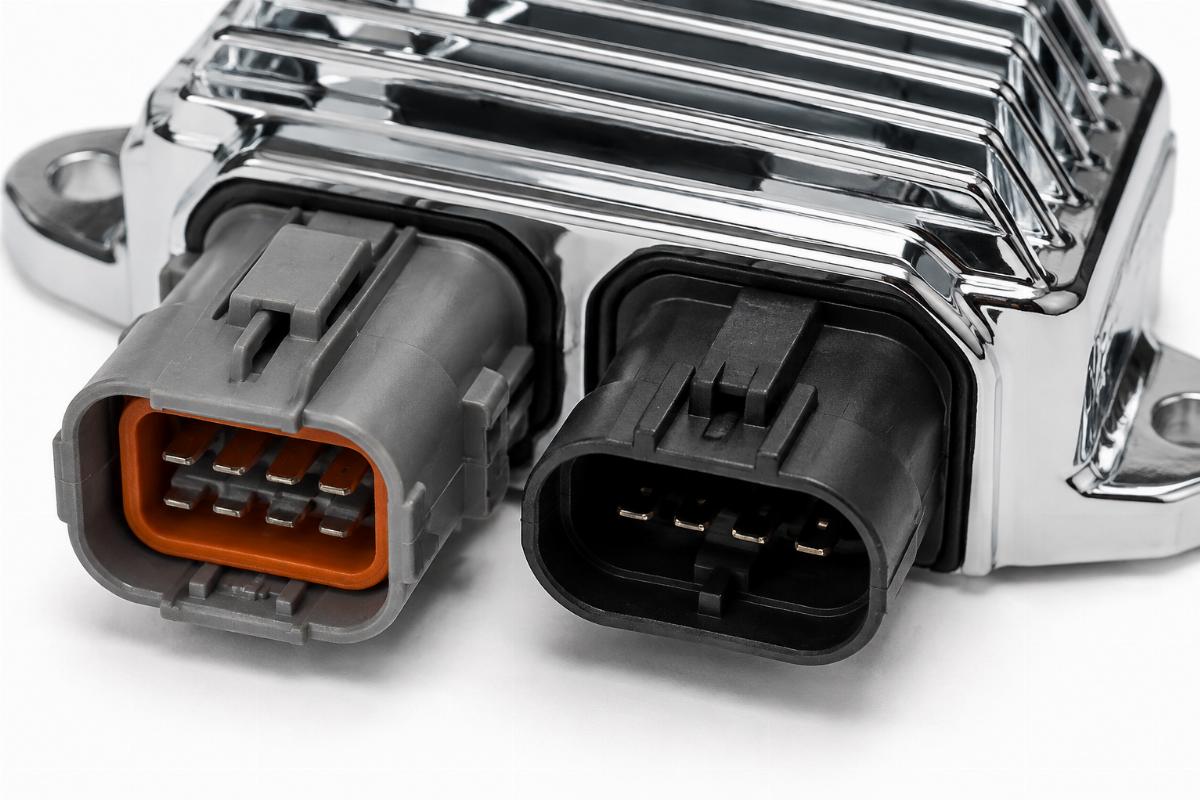 Close up of Deutsch and Delphi connectors on the chrome plated regulator rectifier