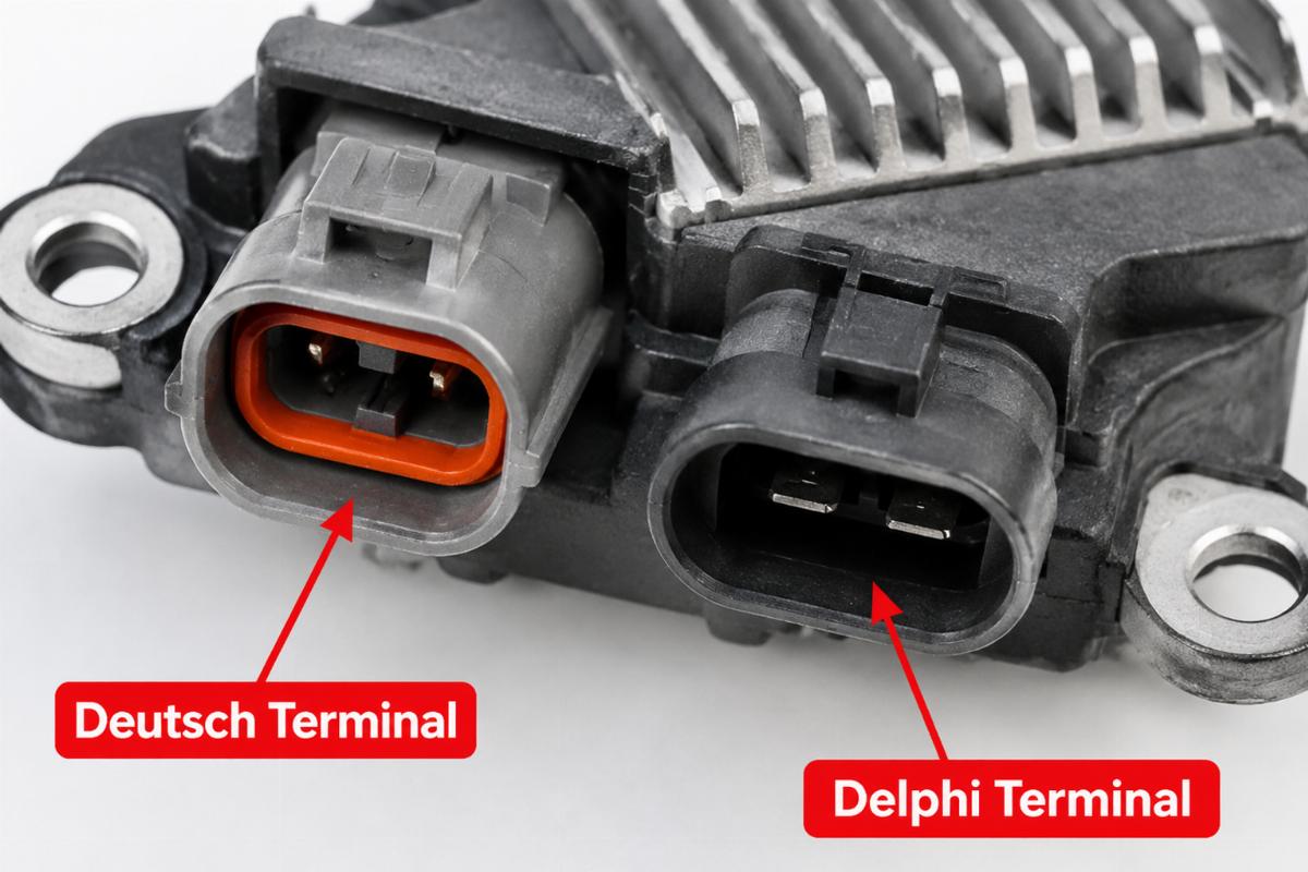 Close up of Deutsch and Delphi terminals on the aftermarket voltage regulator rectifier