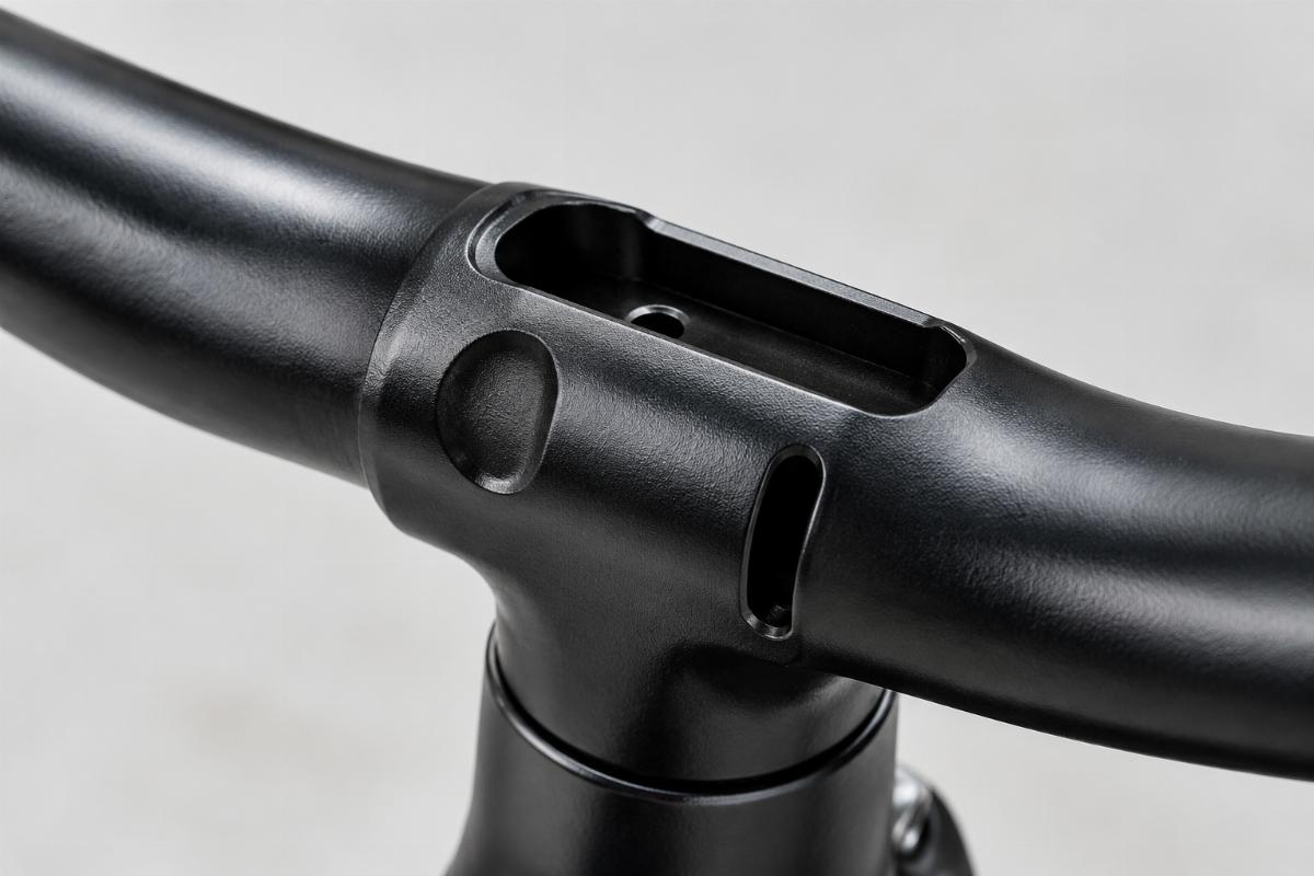 Close up of dimpled and slotted switch housing area on black steel handlebars for internal wiring