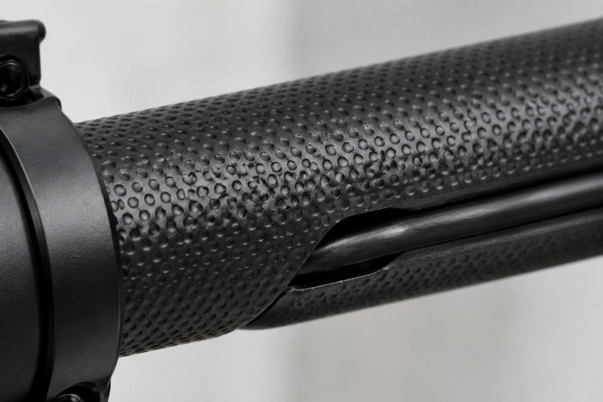 Close up of dimpled black finish on 1 inch diameter handlebar for wiring routing
