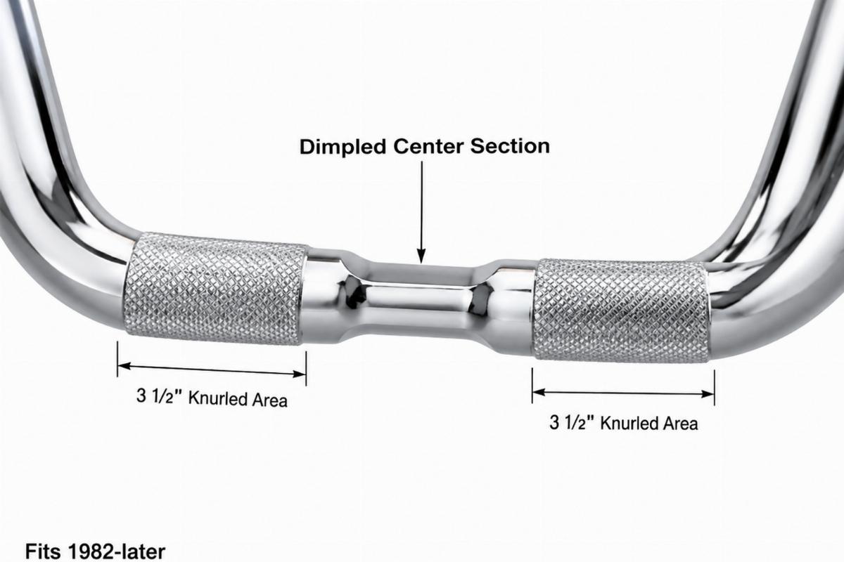 Close-up of dimpled center section and 3 1/2 inch knurled area on chrome plated ape hanger handlebars for 1982-later