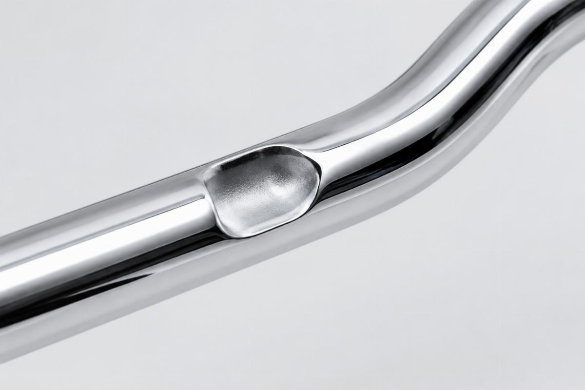 Close up of dimpled feature on chrome plated drag bars for internal wiring routing