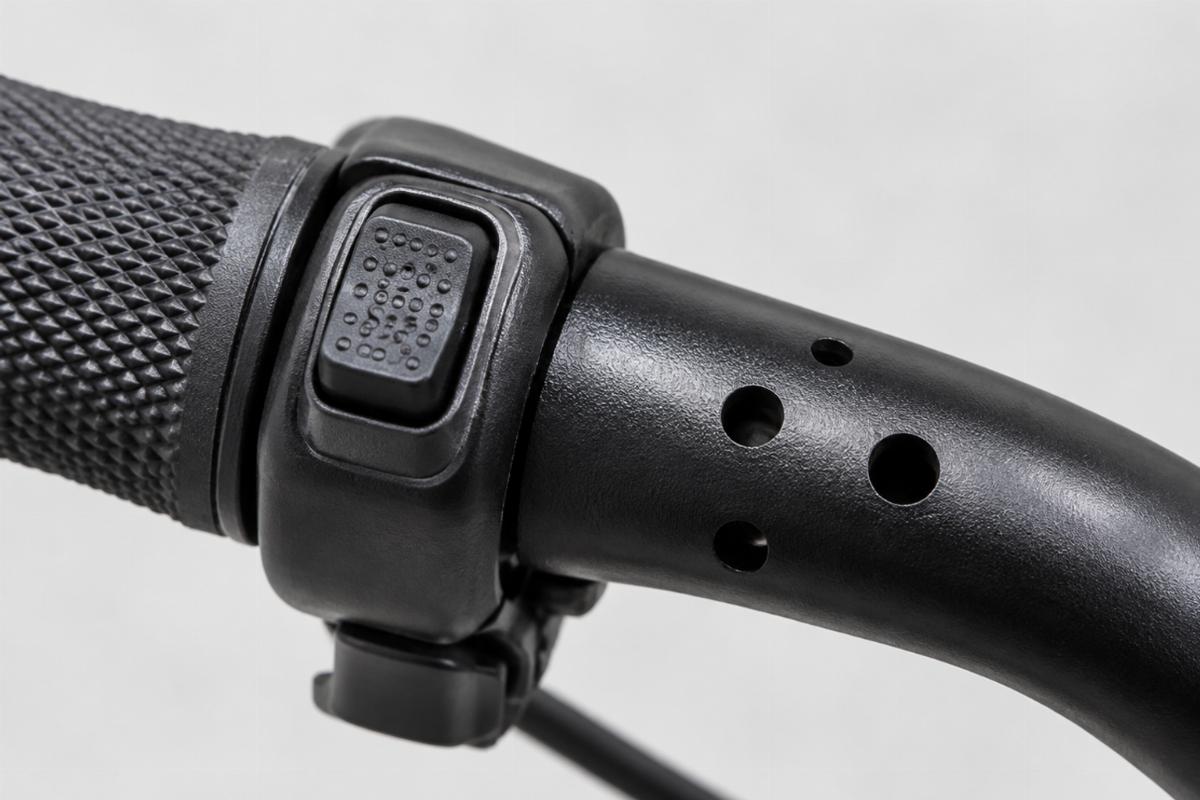 Close up of dimpled switch area and drilled holes on black handlebars