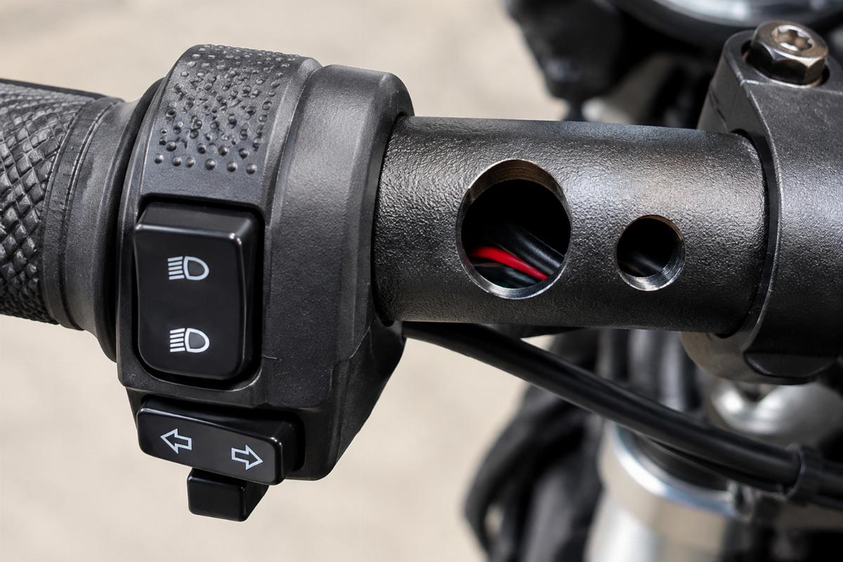 Close up of dimpled switch area and drilled internal wiring holes on handlebars