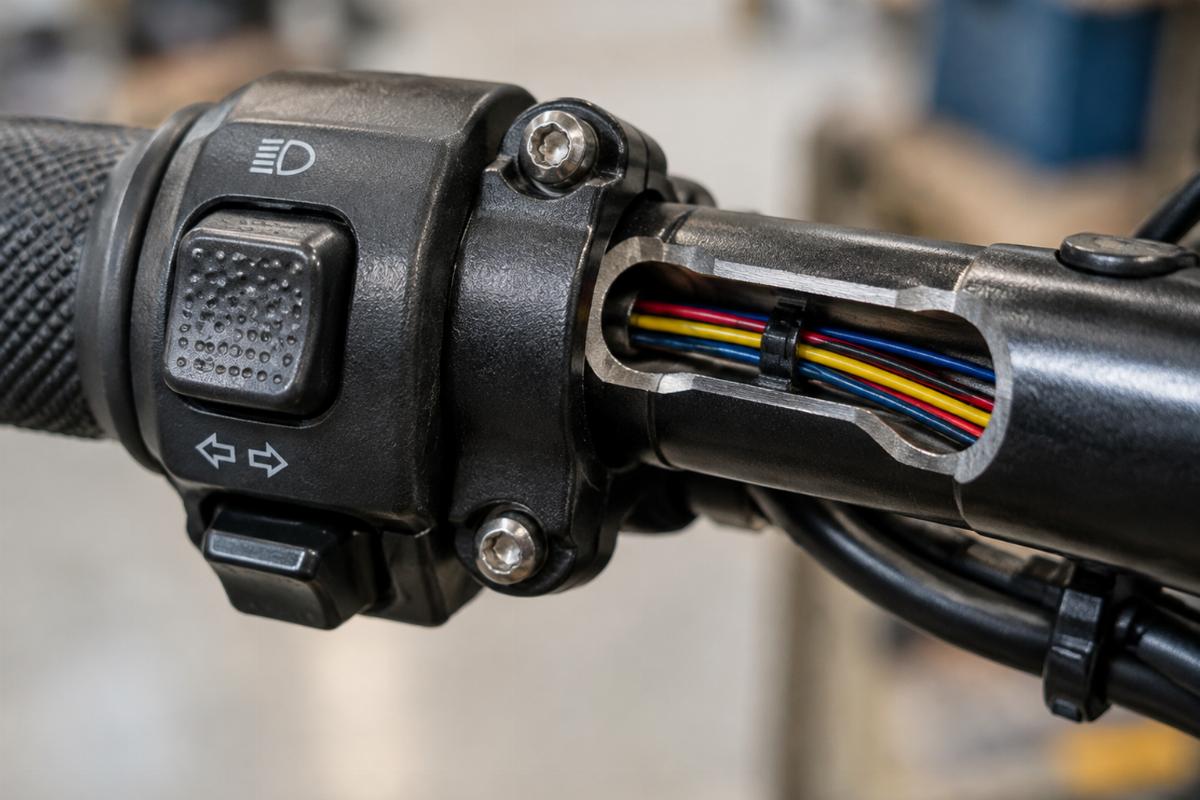 Close up of dimpled switch area and drilled internal wiring path on handlebars