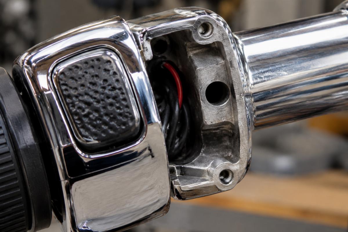 Close up of dimpled switch area and drilled internals on 1 1/4 inch chrome handlebars