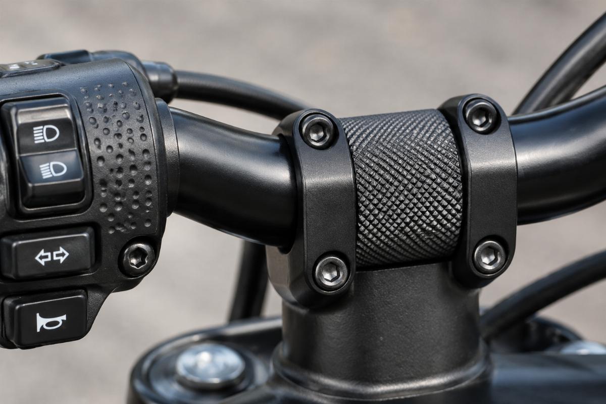 Close up of dimpled switch area and knurled riser center on 1-1/4 inch handlebars