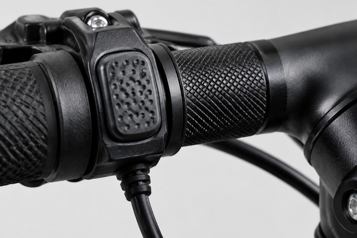 Close up of dimpled switch area and knurled riser section on black handlebars
