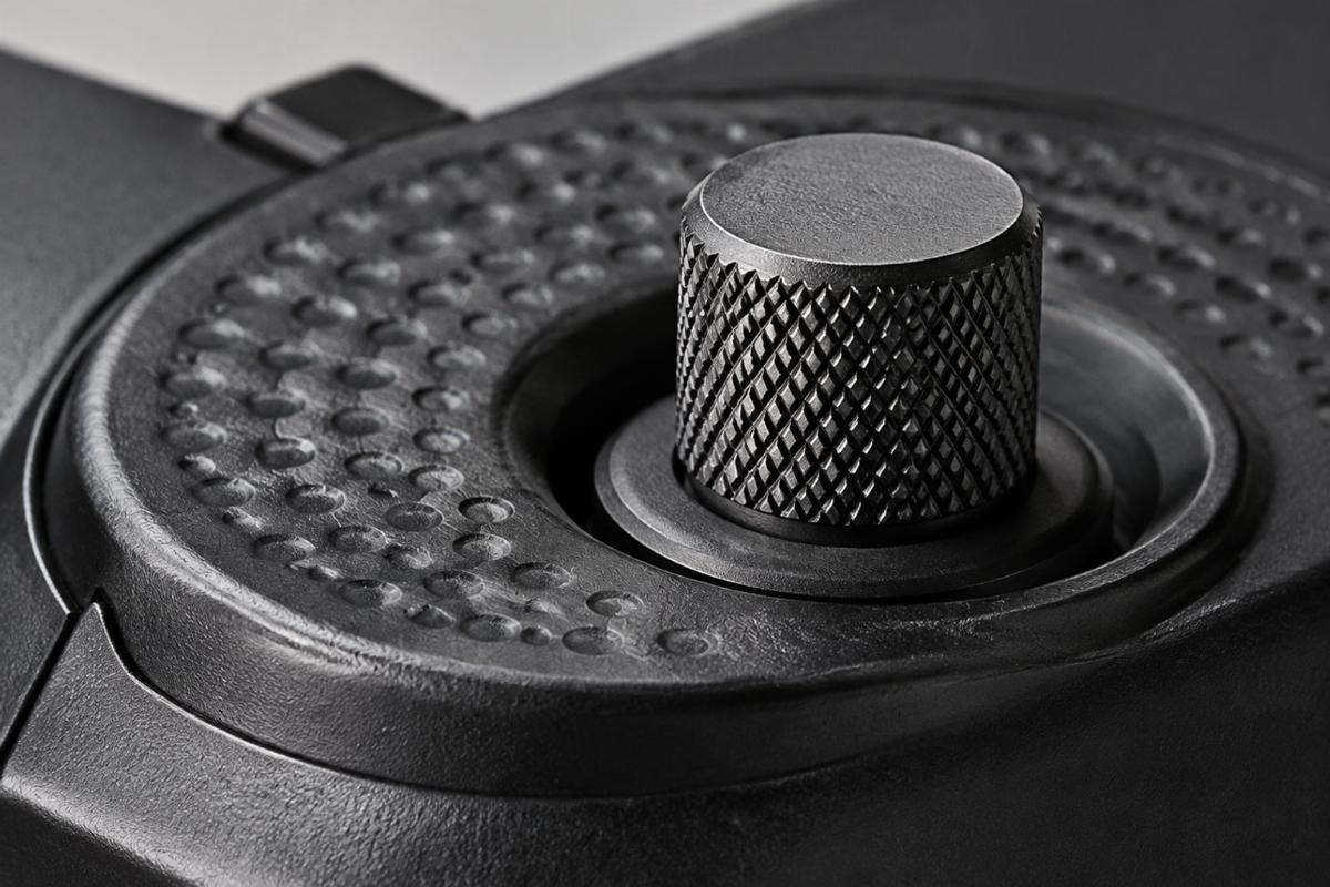 Close up of dimpled switch housing area and knurled riser center