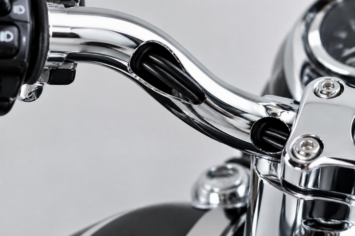 Close up of drilled internal wiring holes and chrome finish on handlebars
