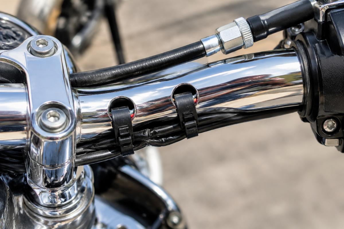 Close up of drilled wire harness clip holes and external throttle cable clearance on chrome handlebars