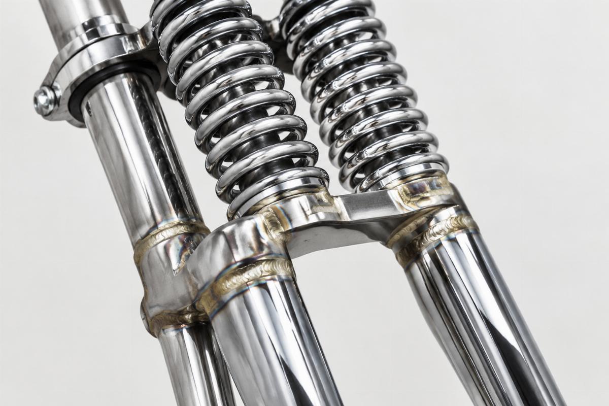 Close up of electric welded and brazed construction on chrome inline spring fork for custom springer