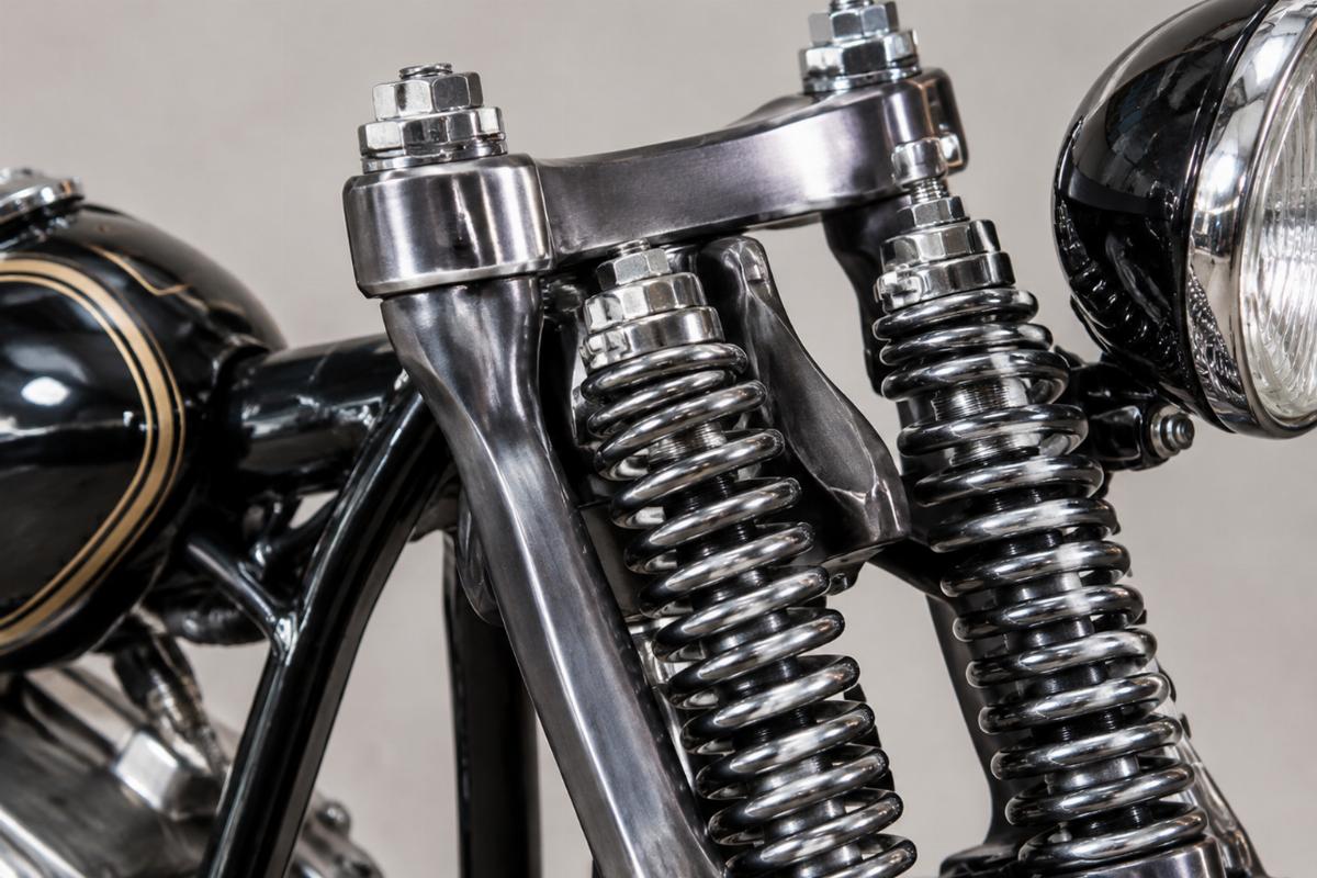 Close up of forged in-line top bracket and 1-piece rear legs on the custom springer front end