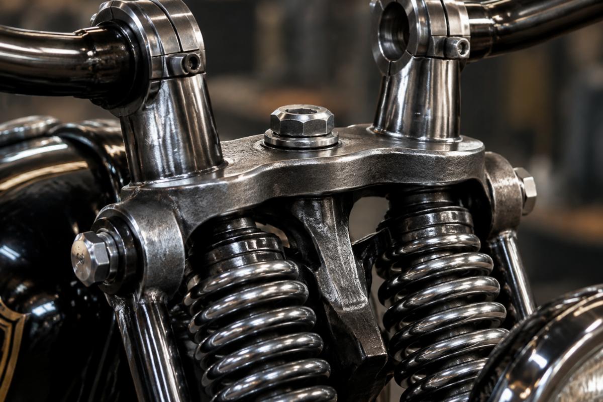 Close up of forged in-line top bracket and riser mount centers on custom springer