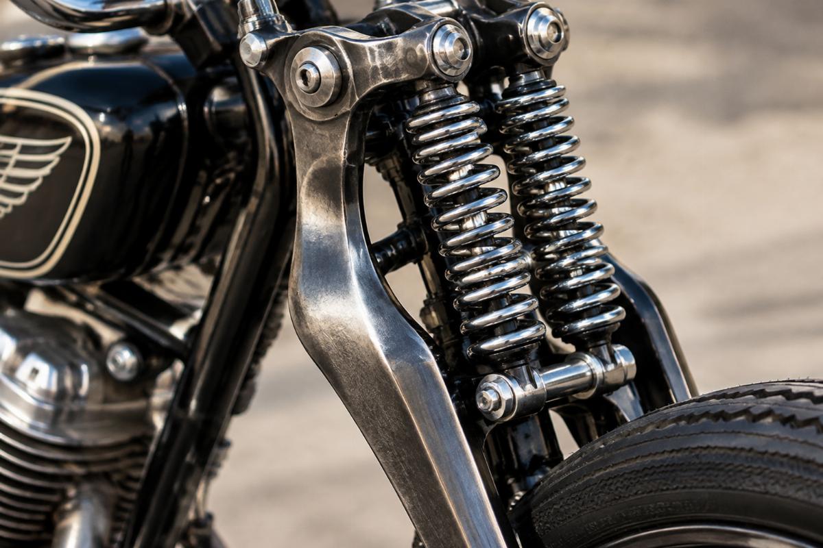 Close up of forged rockers and 1-piece rear legs on custom springer