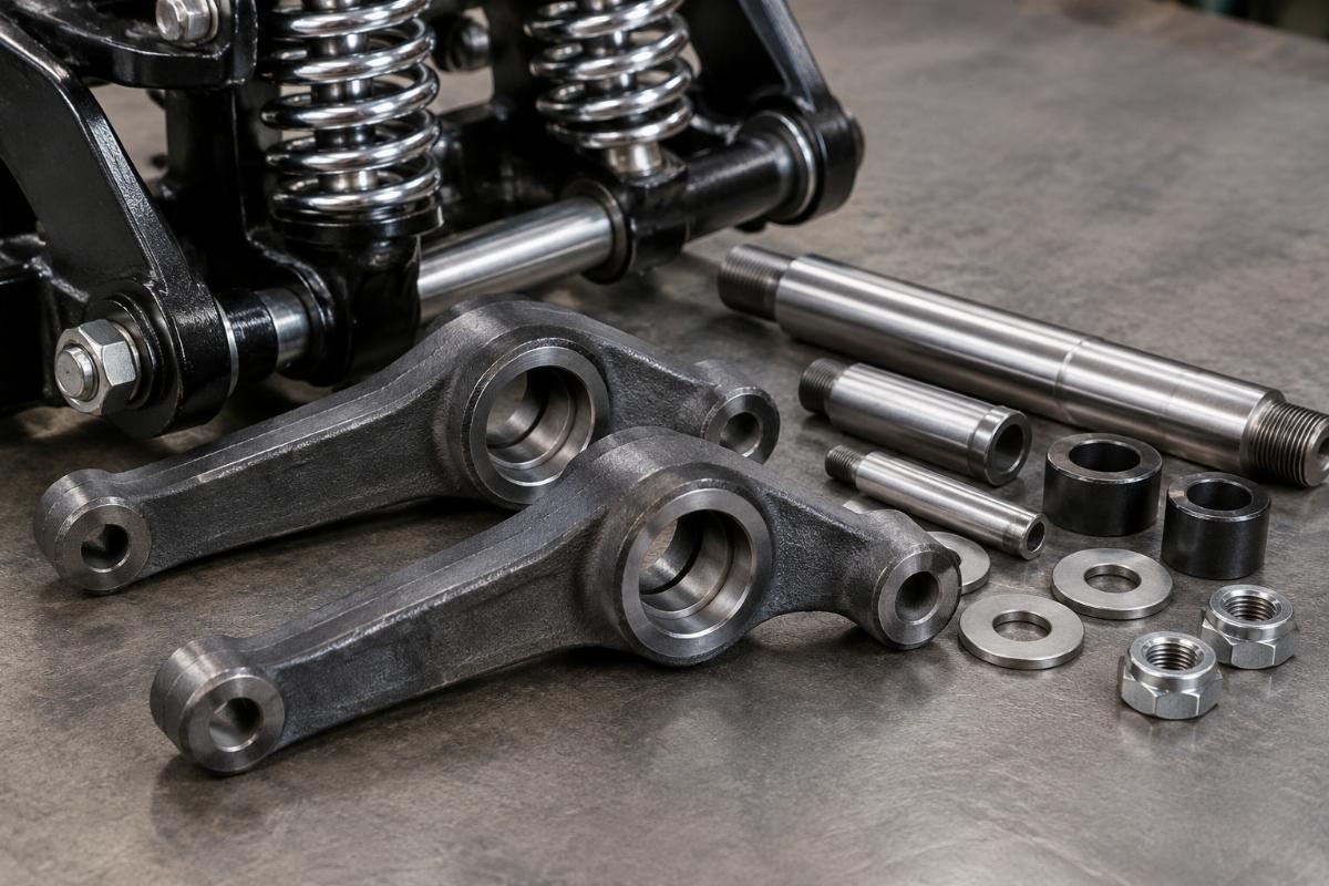 Close up of forged rockers and axle kit included in the springer assembly