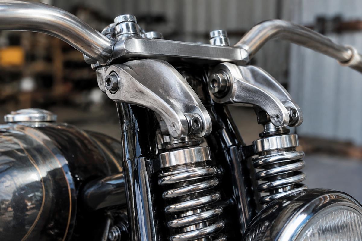 Close up of forged rockers and in-line top bracket on custom springer