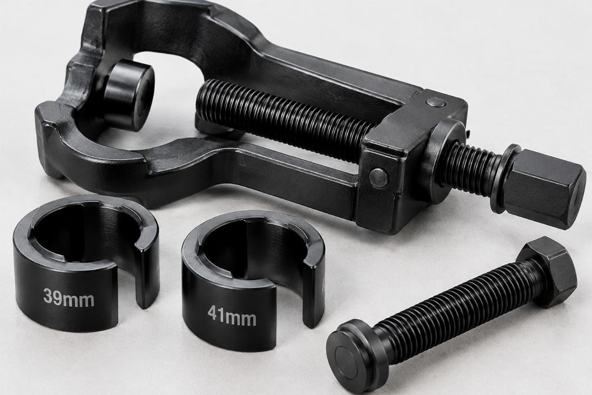 Close up of fork spring compressor tool 39mm 41mm adapters and jackscrew
