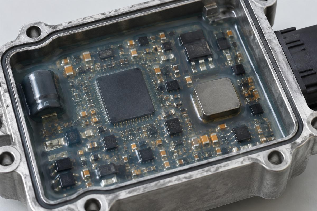 Close up of fully potted electronics inside die cast housing