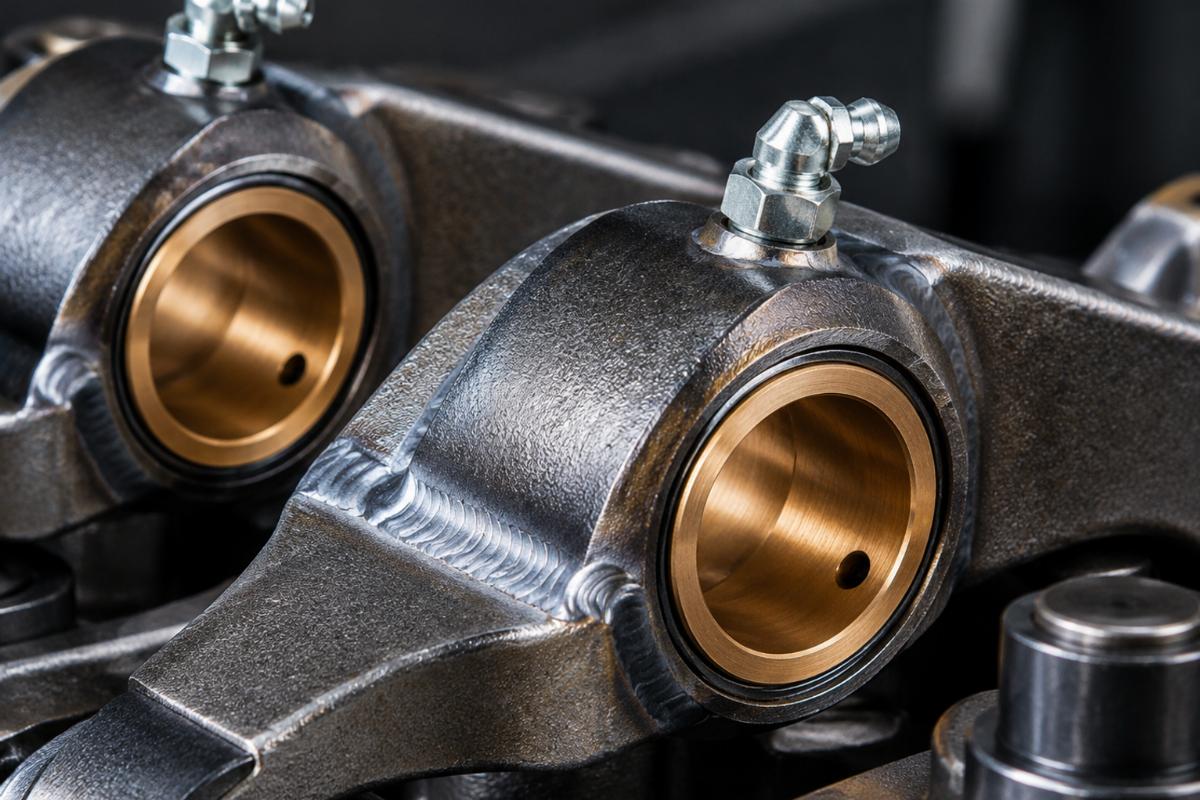 Close up of greaseable bronze rocker bushings and TIG-welded construction